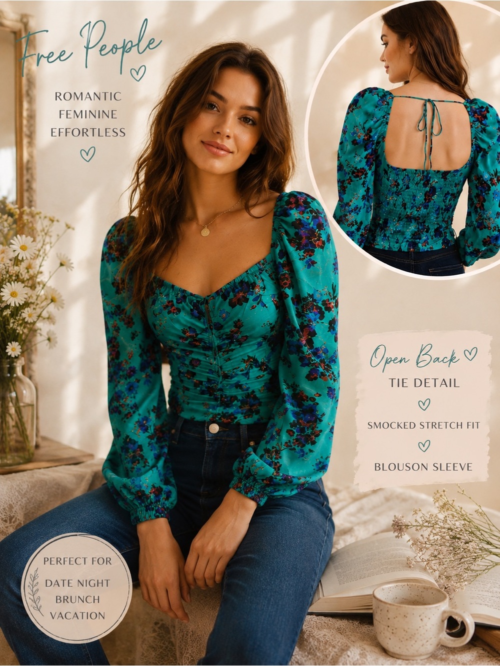 Free people Green Floral Cropped Top Romantic Fairycore  Whimsigoth Boho SZ S